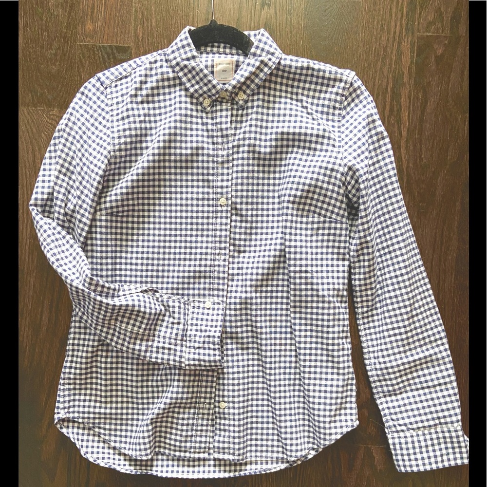 Navy/ white gingham check button down w back collar button detail - GAP.